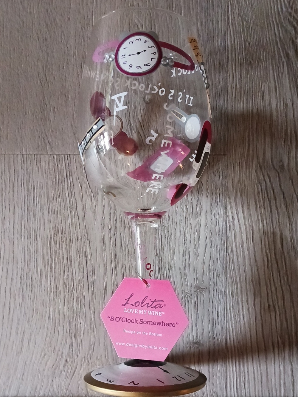 NIB Lolita Wine Glass with Pink, Gold and White Graphics 5 O'Clock Somewhere